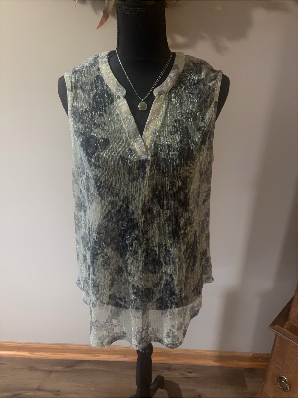 Maurices Black Floral Cream Layered Henley Tank